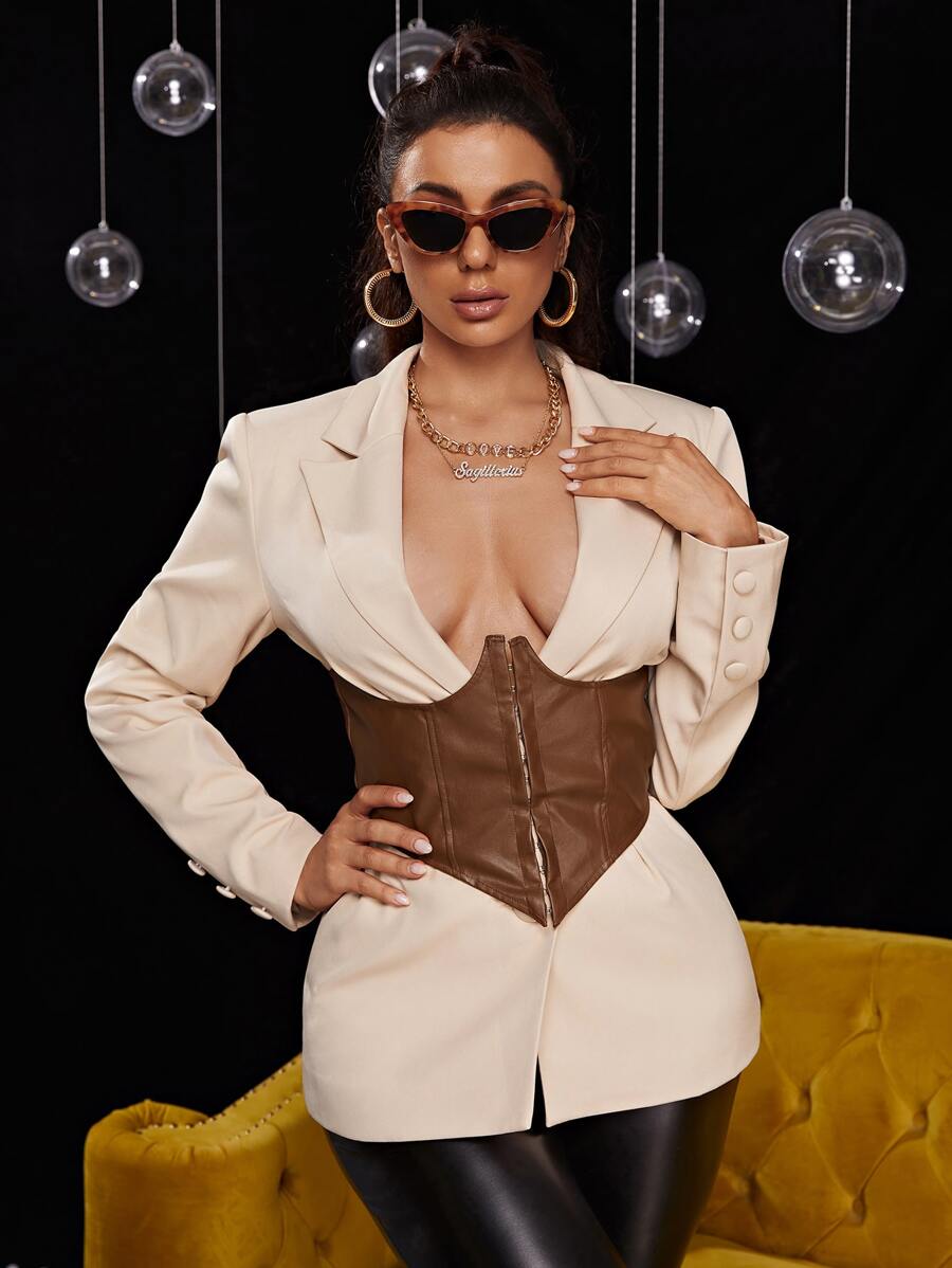 SHEIN SXY Lapel Neck Hook and Eye Corset Waist Blazer - Apricot - View 1