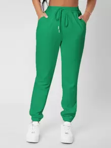 SHEIN PETITE 束腰素色慢跑褲 - 綠色 - 查看 1