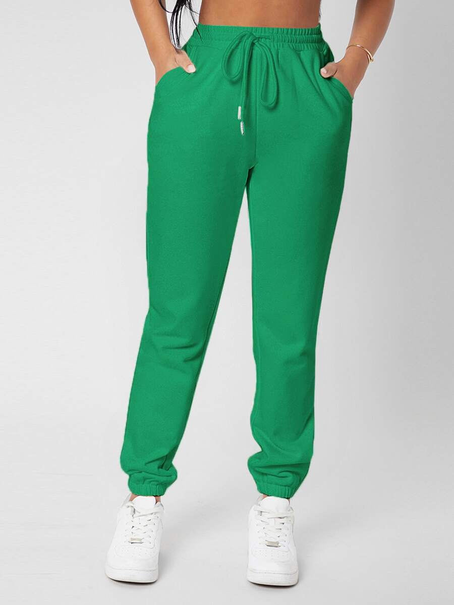 SHEIN PETITE 束腰素色慢跑褲 - 綠色 - 查看 1