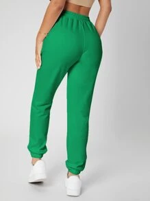 SHEIN PETITE 束腰素色慢跑褲 - 綠色 - 查看 2