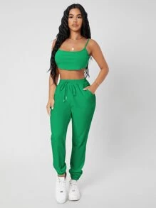 SHEIN PETITE 束腰素色慢跑褲 - 綠色 - 查看 3