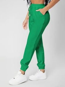 SHEIN PETITE 束腰素色慢跑褲 - 綠色 - 查看 4