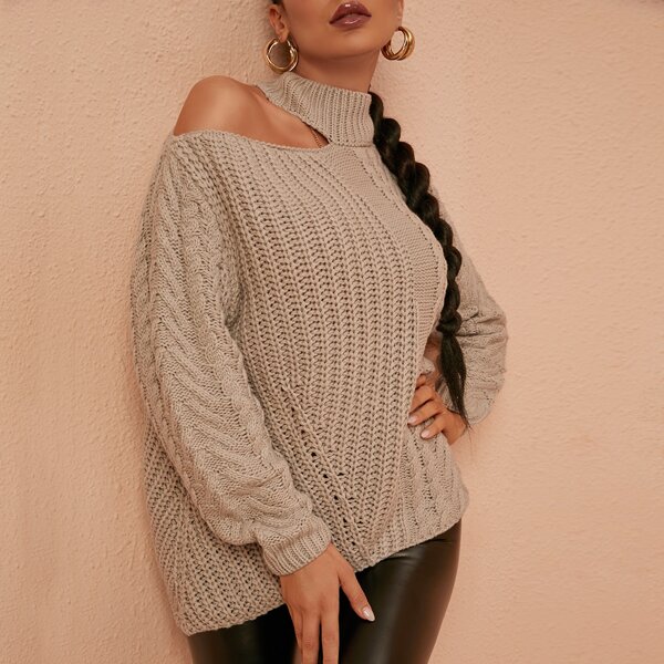 

One Cold Shoulder Cable Knit Sweater, Grey