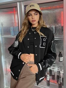 Muchica Patched Detail Striped Varsity Jacket - Black - View 3