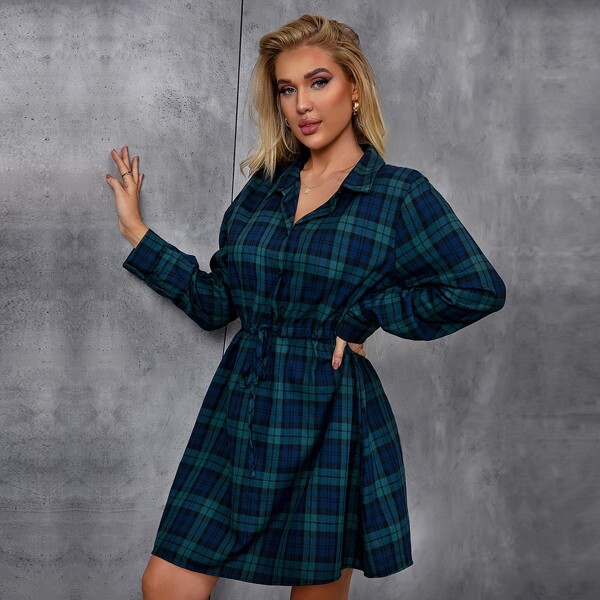 

Plaid Print Belted Button Front Dress, Multicolor