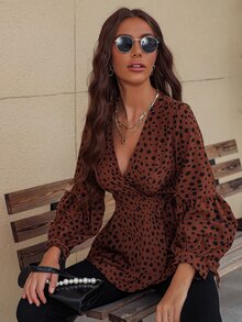 Dalmatian Print Tie Side Blouse - Coffee Brown - View 3