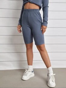 SHEIN Unity 素色彈性腰帶騎行褲 - 霧霾藍 - 查看 1