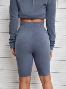 SHEIN Unity 素色彈性腰帶騎行褲 - 霧霾藍 - 查看 3