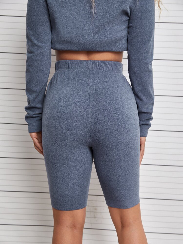 SHEIN Unity 素色彈性腰帶騎行褲 - 霧霾藍 - 查看 3