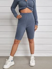 SHEIN Unity 素色彈性腰帶騎行褲 - 霧霾藍 - 查看 4