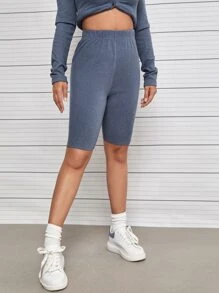 SHEIN Unity 素色彈性腰帶騎行褲 - 霧霾藍 - 查看 5