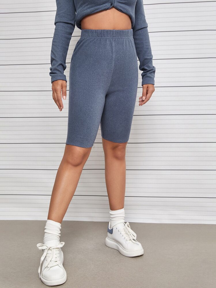 SHEIN Unity 素色彈性腰帶騎行褲 - 霧霾藍 - 查看 5