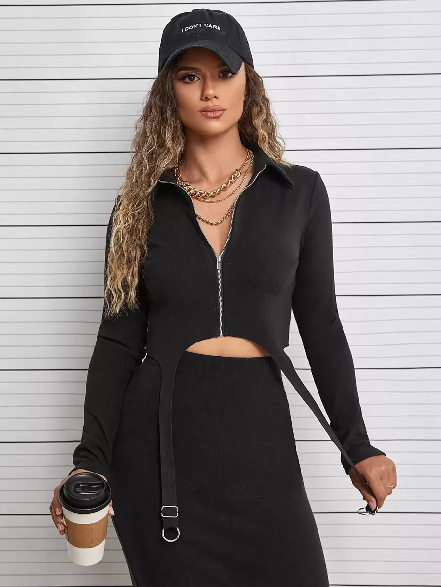 SHEIN EZwear Áo nữ Bất đối xứng Nhẫn Dây kéo màu trơn Giải trí - màu đen - Xem 1