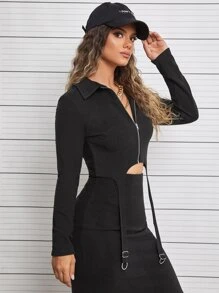 SHEIN EZwear Áo nữ Bất đối xứng Nhẫn Dây kéo màu trơn Giải trí - màu đen - Xem 3