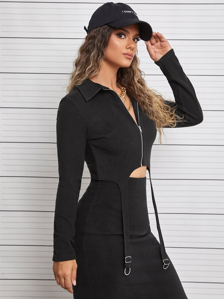 SHEIN EZwear 拉鏈開襟背帶下擺短款上衣 - 黑色 - 查看 3