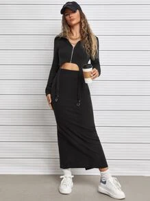 SHEIN EZwear Áo nữ Bất đối xứng Nhẫn Dây kéo màu trơn Giải trí - màu đen - Xem 4