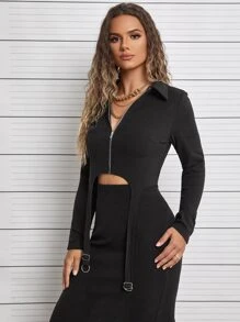 SHEIN EZwear Áo nữ Bất đối xứng Nhẫn Dây kéo màu trơn Giải trí - màu đen - Xem 5