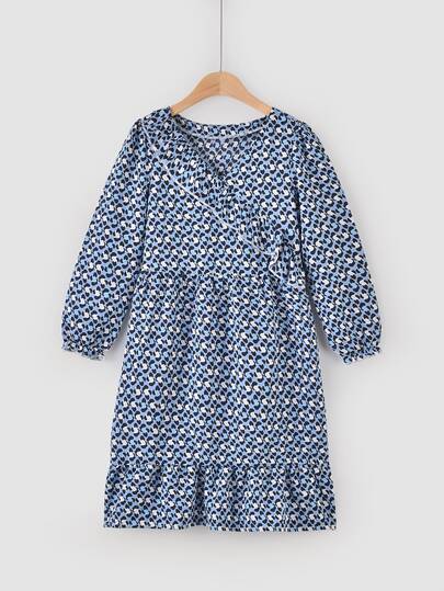 Girls Allover Print Ruffle Hem A-line Dress
