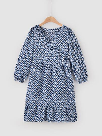 Girls Allover Print Ruffle Hem A-line Dress