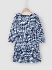 女孩滿版印花荷葉邊A字洋裝