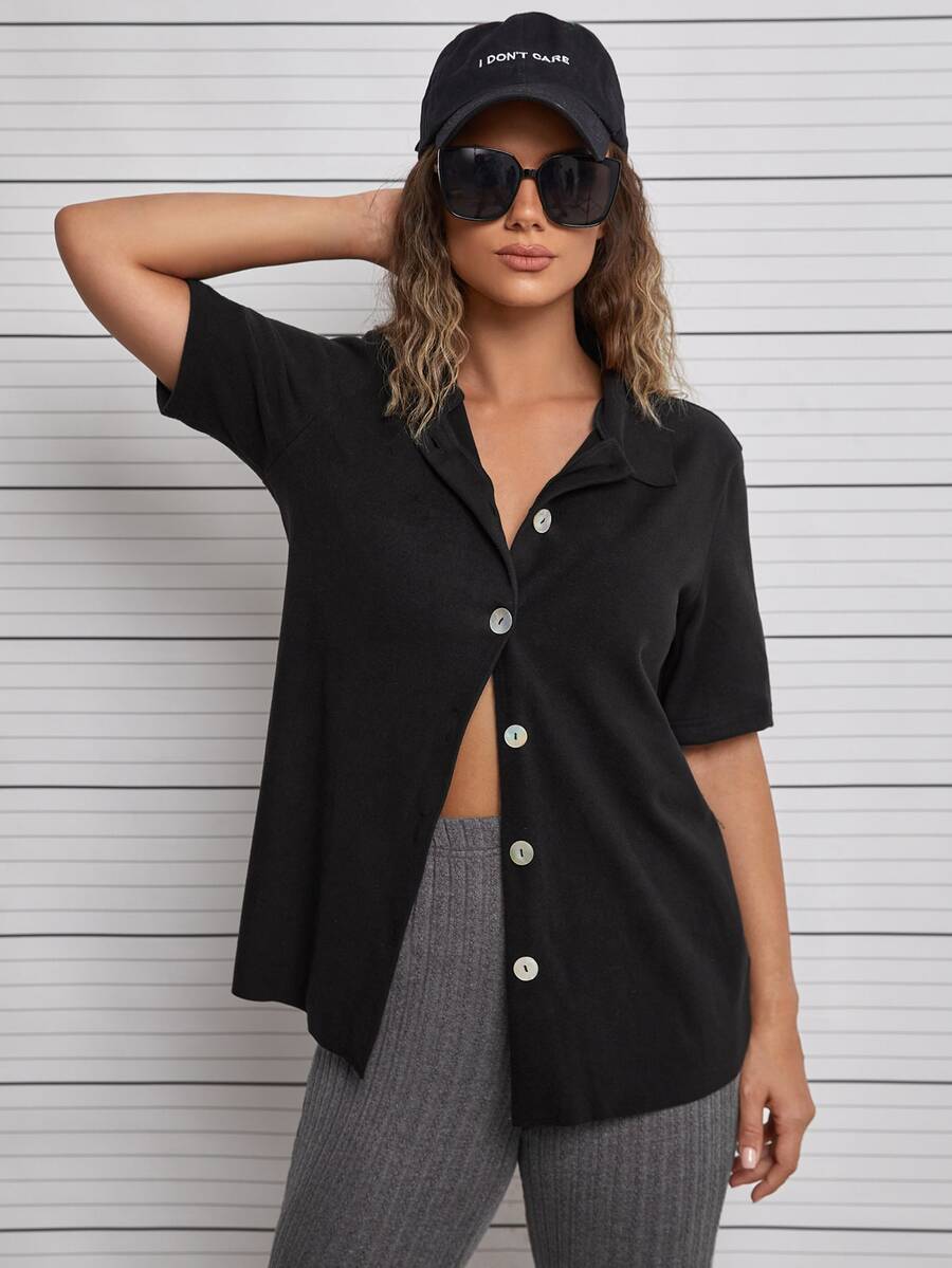 Áo nữ Nút phía trước màu trơn Giải trí - màu đen - Xem 1