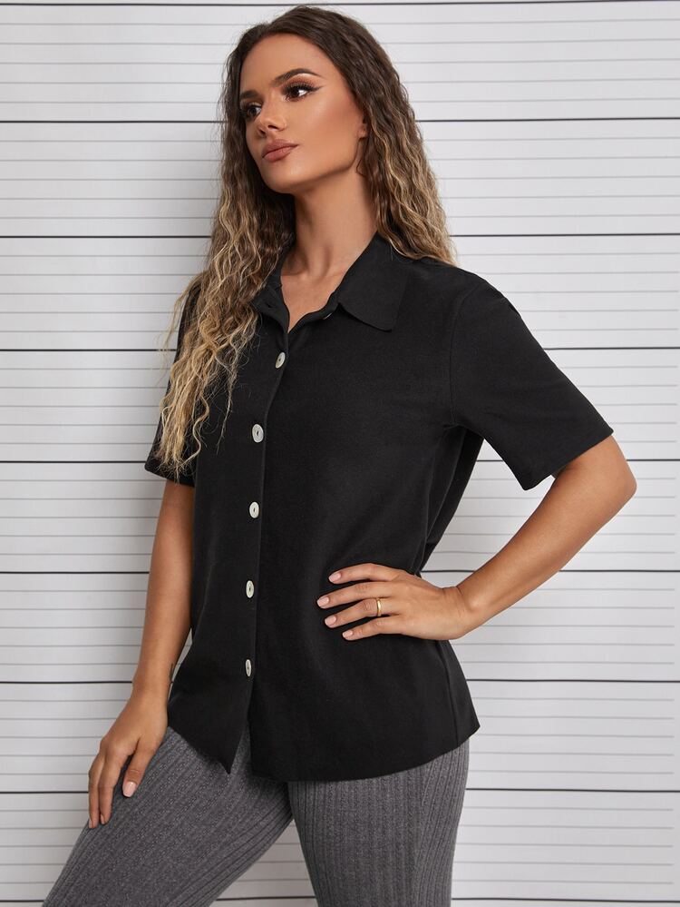 Solid Collared Button Front Top - Black - View 3