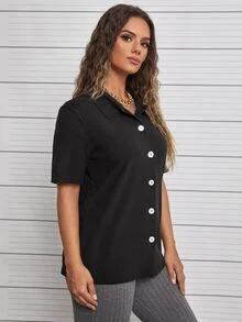 Áo nữ Nút phía trước màu trơn Giải trí - màu đen - Xem 4
