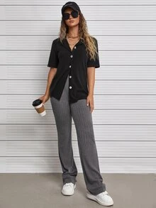 Áo nữ Nút phía trước màu trơn Giải trí - màu đen - Xem 5