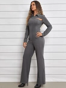 SHEIN Unity Solid Cut Out Seam Front Jumpsuit - Dark Grey - View 4