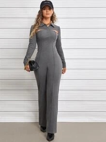 SHEIN Unity Solid Cut Out Seam Front Jumpsuit - Dark Grey - View 5