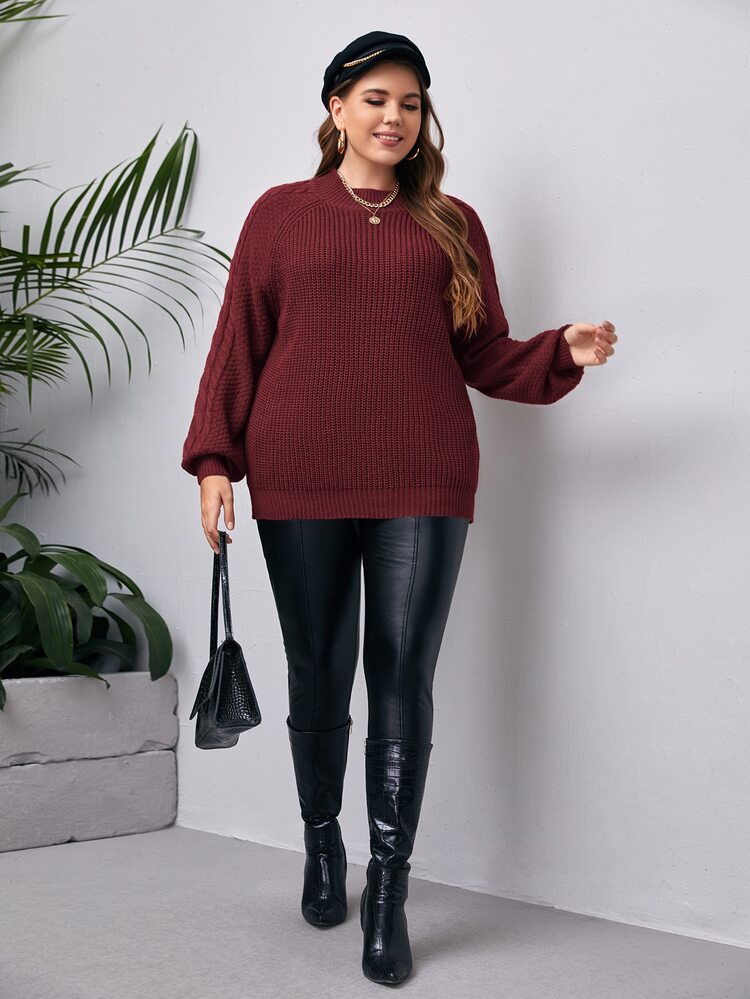 Calvaya 加大码罗纹针织插肩袖套头衫，适合秋冬季穿着。 - 酒紅色 - 查看 3