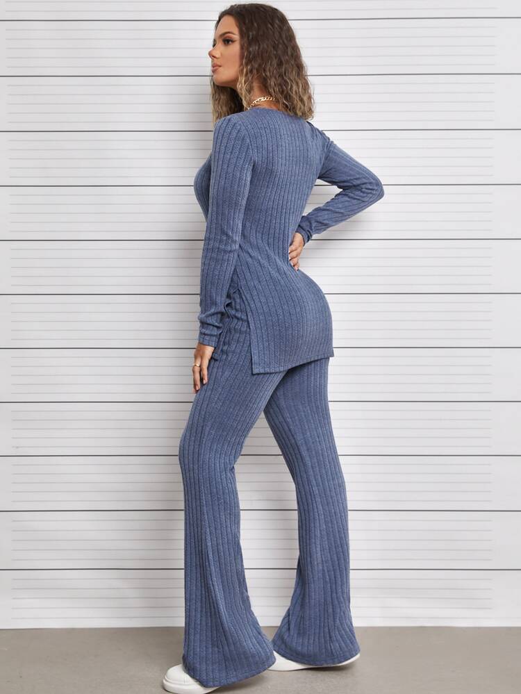 SHEIN LUNE Textured Split Hem Top & Flare Leg Pants - Dusty Blue - View 2