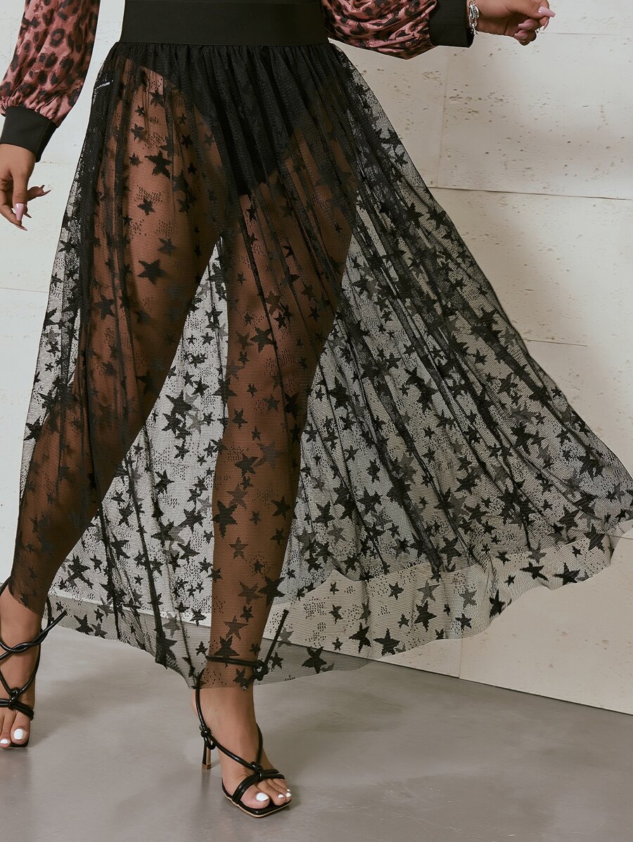 Plus Star Print See Through Mesh Skirt - Black - View 1