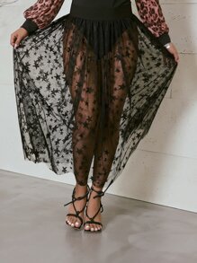 Plus Star Print See Through Mesh Skirt - Black - View 3