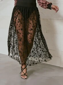 Plus Star Print See Through Mesh Skirt - Black - View 4