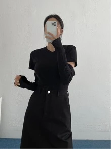 DAZY Áo thun Cắt ra Gân đan màu trơn Giải trí - màu đen - Xem 2