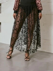 Plus Star Print See Through Mesh Skirt - Black - View 5
