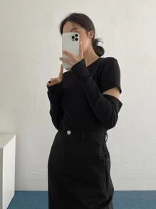 DAZY Áo thun Cắt ra Gân đan màu trơn Giải trí - màu đen - Xem 3