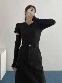 DAZY Áo thun Cắt ra Gân đan màu trơn Giải trí - màu đen - Xem 5