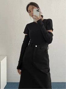 DAZY Áo thun Cắt ra Gân đan màu trơn Giải trí - màu đen - Xem 6