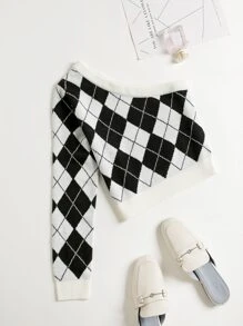 Mulvari Argyle Pattern One Shoulder Jumper - Black and White - View 1