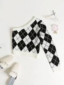 Mulvari Argyle Pattern One Shoulder Jumper - Black and White - View 2