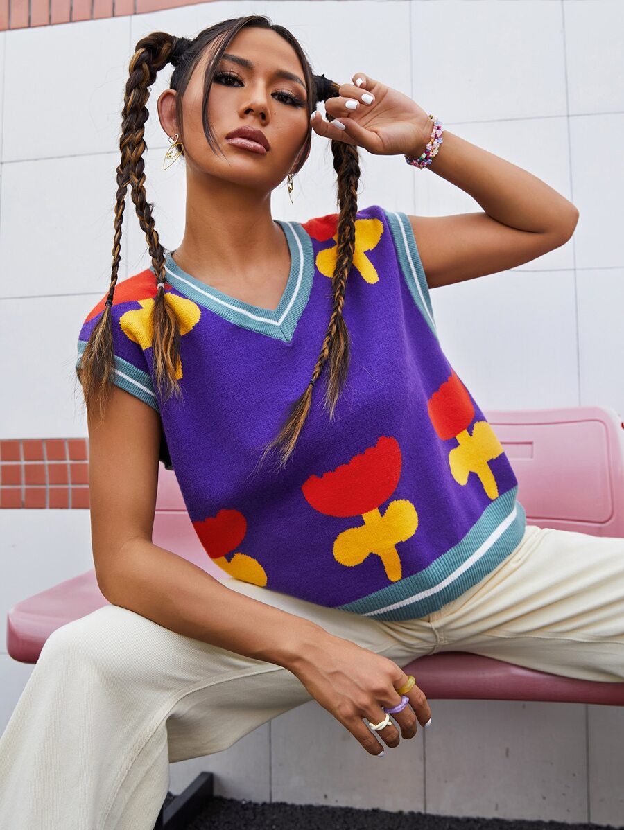 SHEIN Qutie 條紋圖案邊花卉圖案毛衣背心 - 彩色 - 查看 1