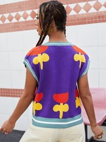 SHEIN Qutie 條紋圖案邊花卉圖案毛衣背心 - 彩色 - 查看 2