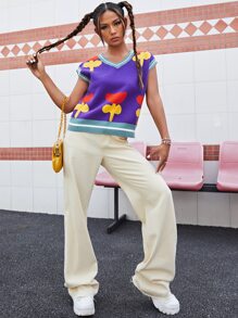 SHEIN Qutie 條紋圖案邊花卉圖案毛衣背心 - 彩色 - 查看 3