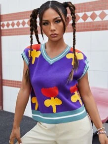 SHEIN Qutie 條紋圖案邊花卉圖案毛衣背心 - 彩色 - 查看 5