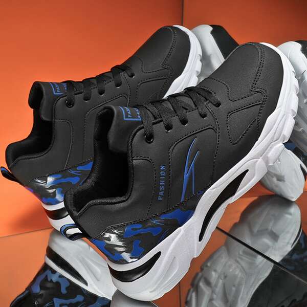 

Men Graphic Print Lace Up Front Sneakers, Black
