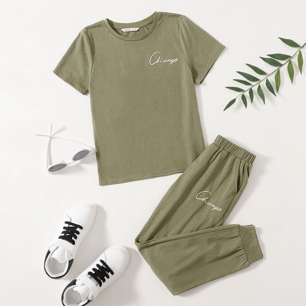 

Boys Letter Graphic Tee and Sweatpants Set, Army green