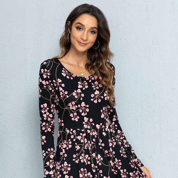 

Floral Print Slant Pocket Plicated Hem Dress, Multicolor
