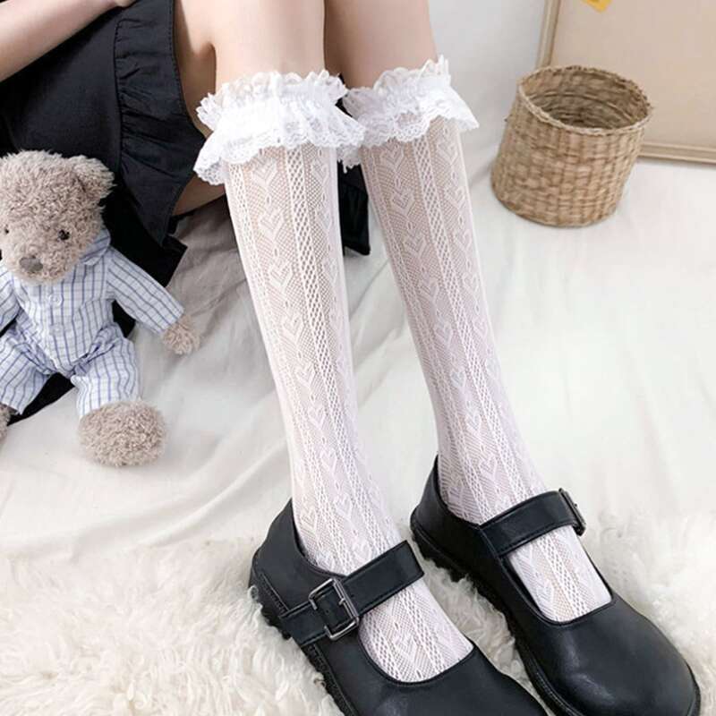 

Lace Ruffle Over The Calf Socks, White